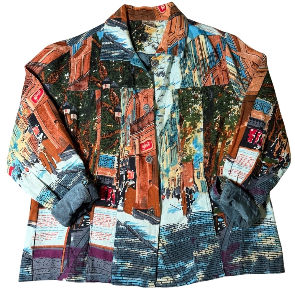 Parsley & Sage XL Artistic City Scene Print‎ Cotton Jacket Button Front Colorful